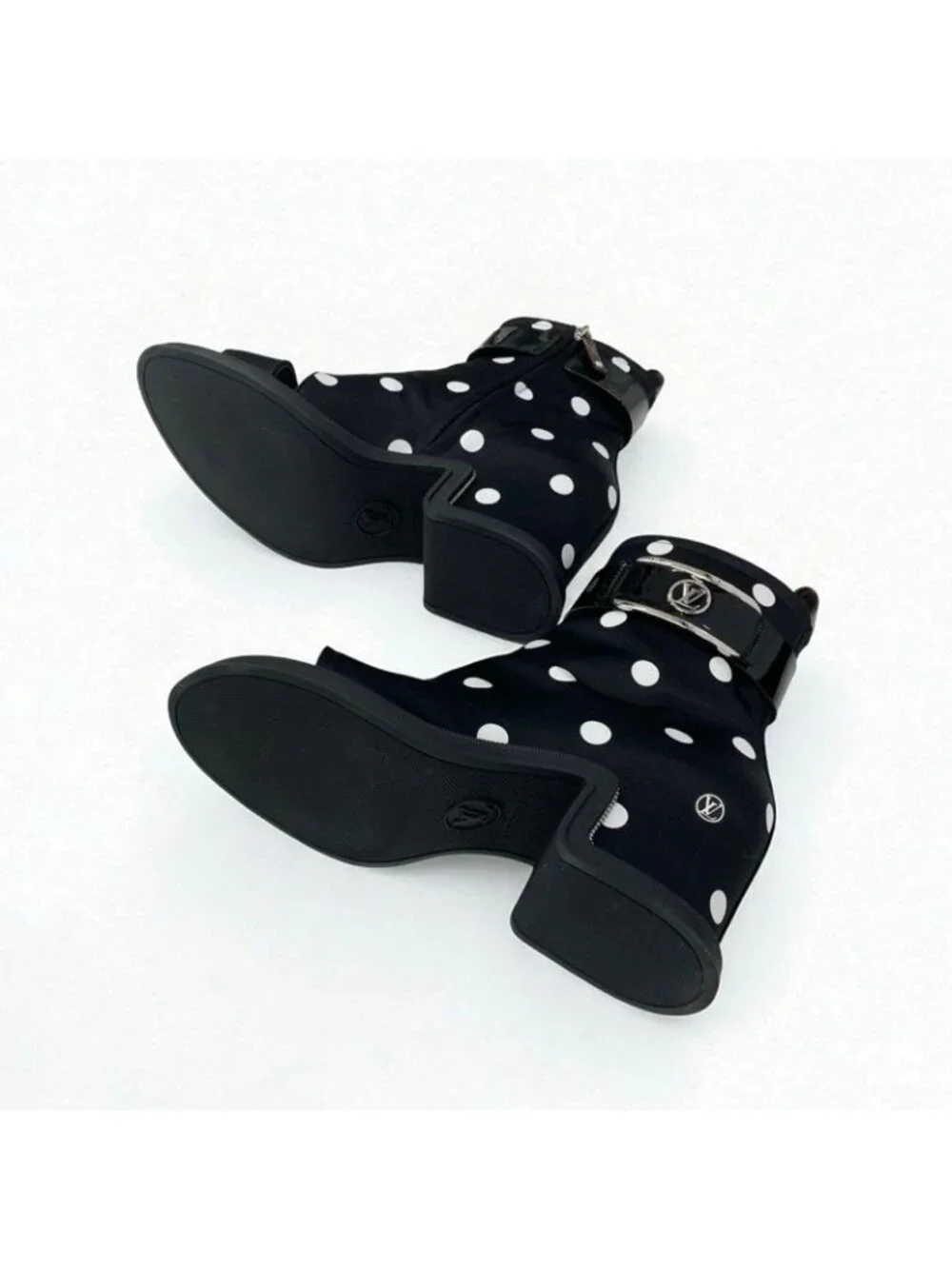 Louis Vuitton Moonlight Line Boots Short Shoes Satin Black White Dot Belt - Picture 6 of 10
